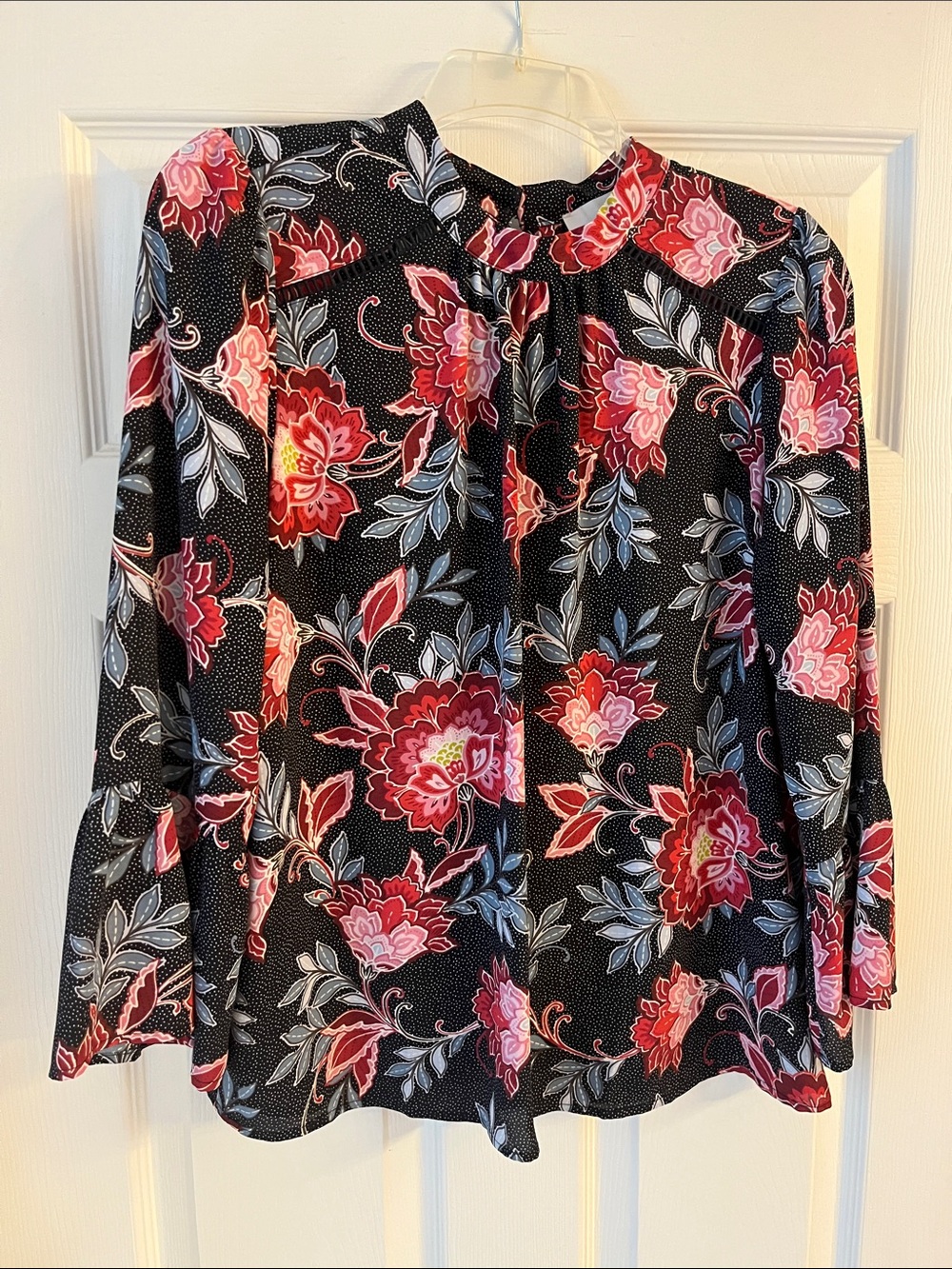 LOFT Black Blouse with Pink, Red and Blue Floral Print
